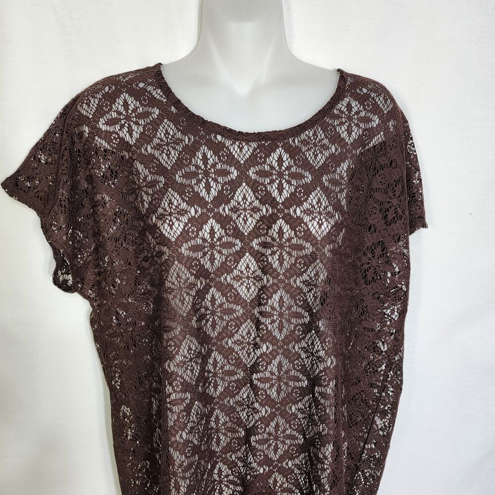 Chico's Womens Top Size 2 Large Brown Crochet Short Cap Sleeve Fringe Trim Sheer - Picture 7 of 11